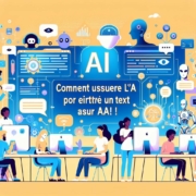 Style BD. Des gens assis à des tables de travail avec des ordinateurs et des textes et autres décors suggérant le travail avec l'IA.
